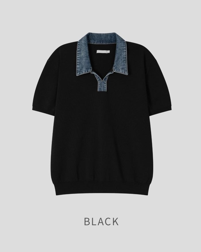(M's) Denim Collar Half Knit