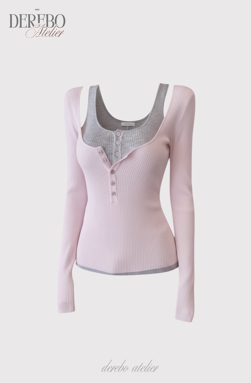 Pink bear ribbed long-sleeved T-shirt