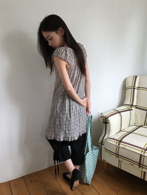 Use Check Puff Shirring Layered One Piece