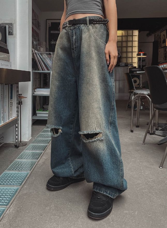 cross damage banding denim pants