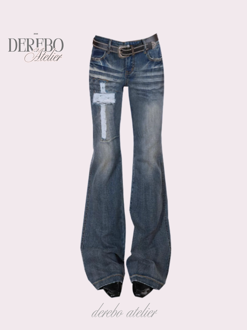 Cross-washed long semi-bootcut denim