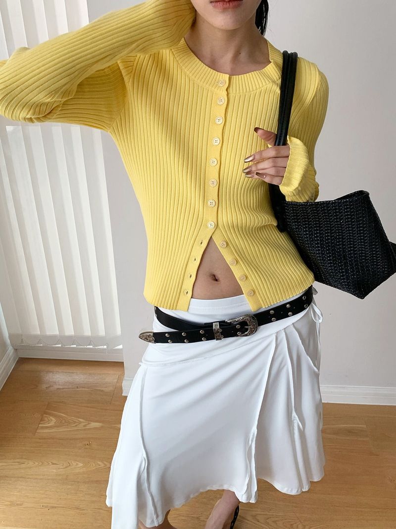 Color Round Neck Ribbed Button Cardigan