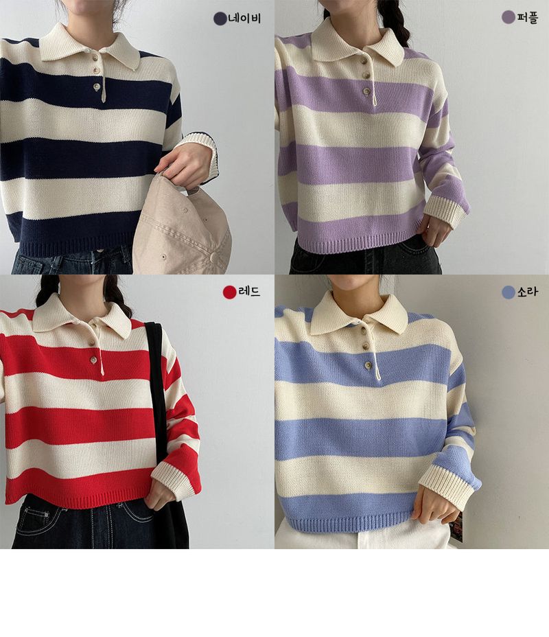 Color stripe button collar knitwear