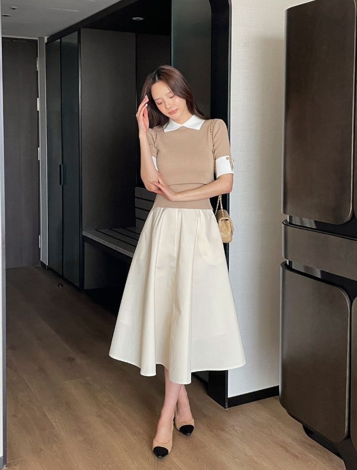 Ez Color Matching Button Short Sleeve Collar Knit
