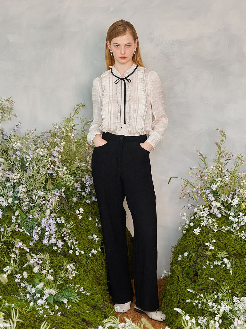 Frill Shirring Ribbon Blouse