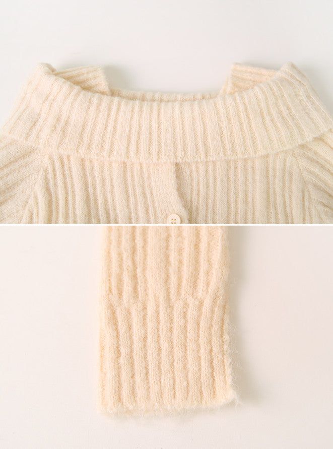 #Romantic Rib Off Shoulder Button Knit (3color)