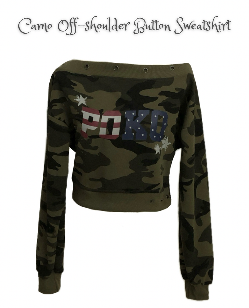 onthenextpage（オンザネクストページ）の「Camo Off-shoulder Button Sweatshirt（Tops）」