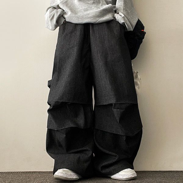 PD Waist Banding Shirring Pattern Carfender Vertical Stripe Denim Pants