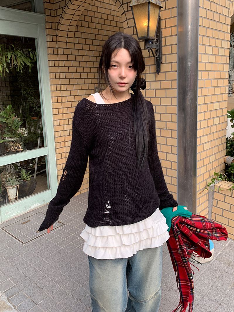 DAMAGE BOAT NECK LOOSE KNIT (3C)