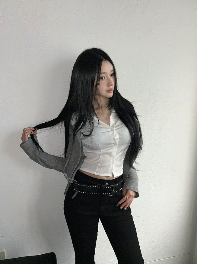 Crop Shirt Layered Cardigan SET