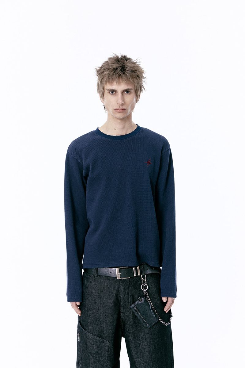 ETCE（イーティーシーイー）の「SIGNATURE LOGO WAFFLE L/S TEE (NAVY)（Tops）」