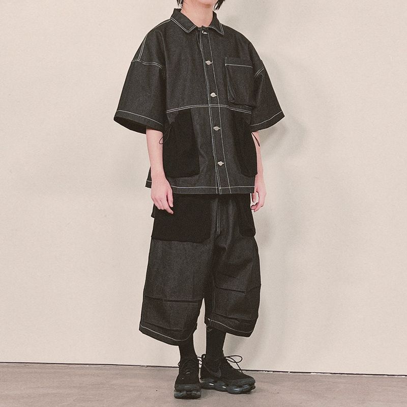 reverse terry pocket denim capri shorts_black