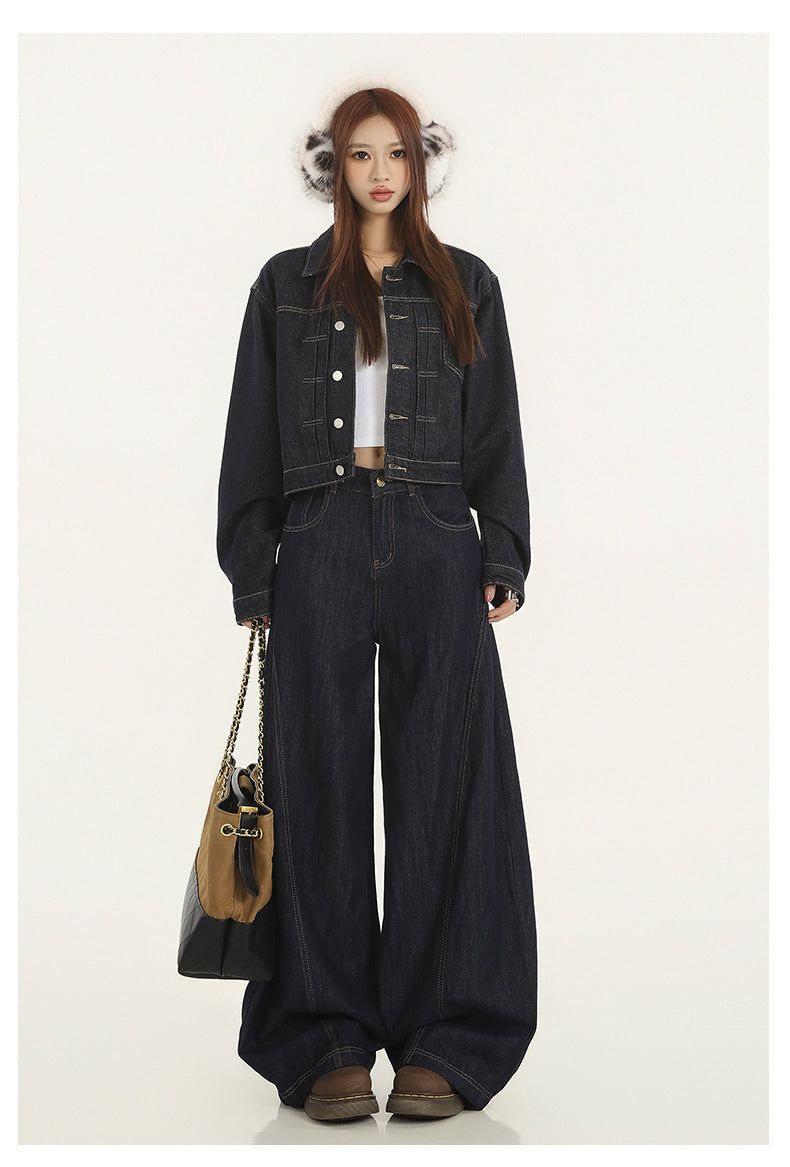 Navy-cut High-waist Mixed Denim Pants