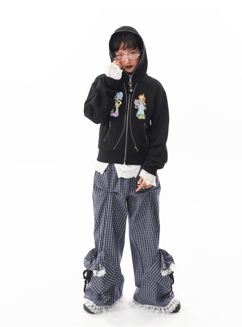 sillysis 黒のかわいい女の子イラスト、両頭金属ジッパー構造感スウェットパーカー