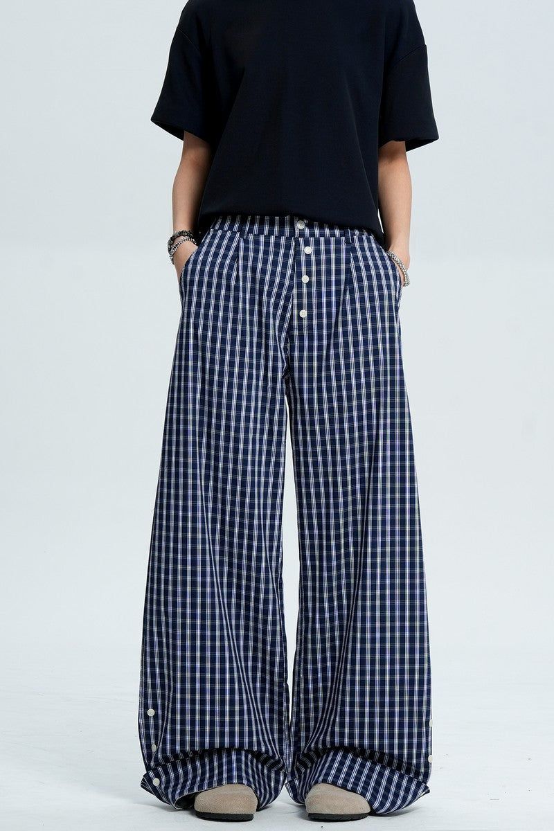Plaid Button Wide Leg Pants