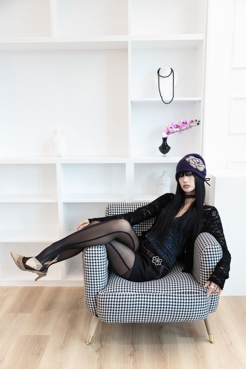 [Sepia] Leopard mesh sleeveless (scarf set) (Black/Blue)