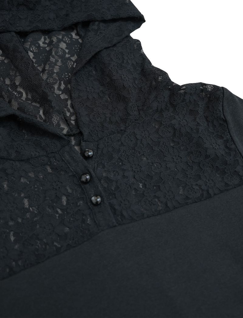 button lace hoodie top long ver. / black