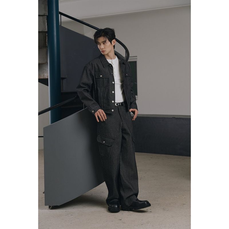 Stripe corduroy cargo pants(Black)