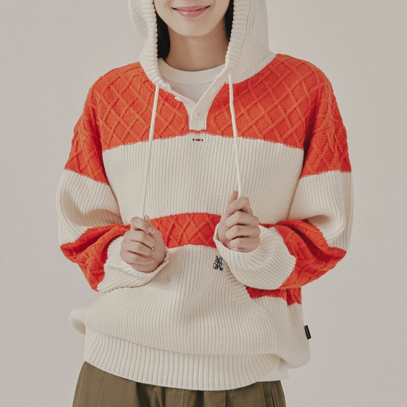 ROMANTIC CROWN（ロマンティッククラウン）の「STRIPE RIB KNIT HOODIE_OATMEAL（Tops）」