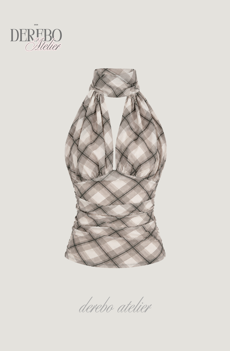 Shphone check holder neck mint-sleeved blouse Top