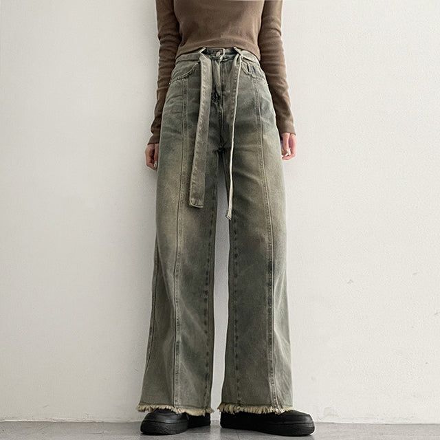 hijjoo(ハイチュー)の「CorWashing Cutting Slit Belt Denim Wide Pants(Pants)」