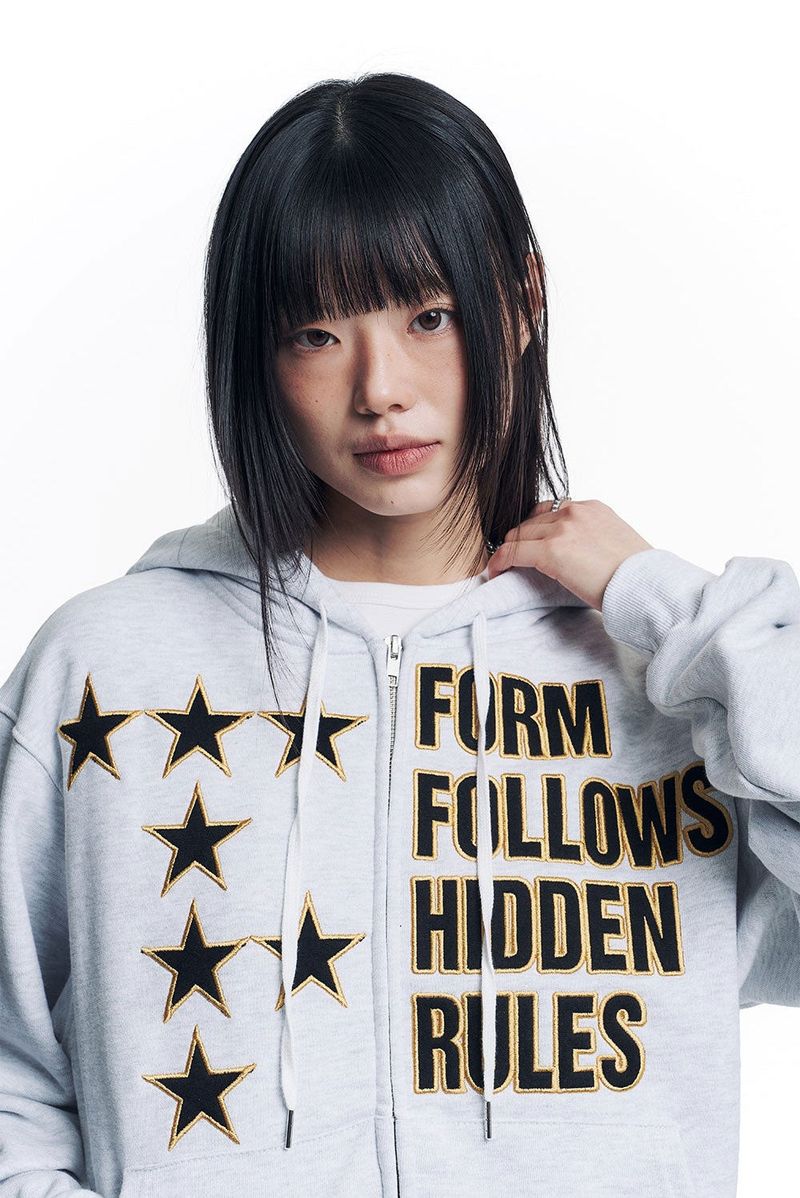 Star Lettering Patch Hoodie Zip-Up - White