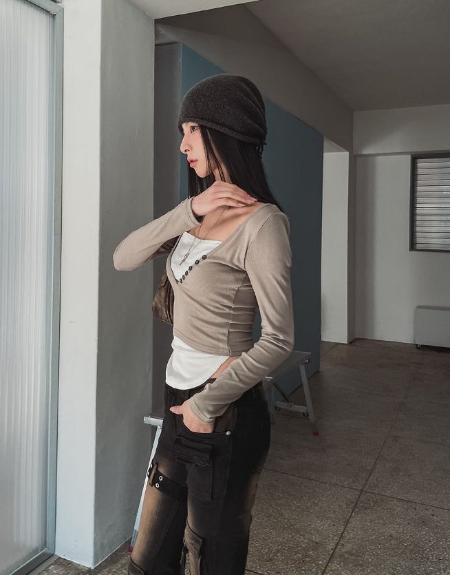 Ash Ribbed Deep Button Layered Long Sleeves