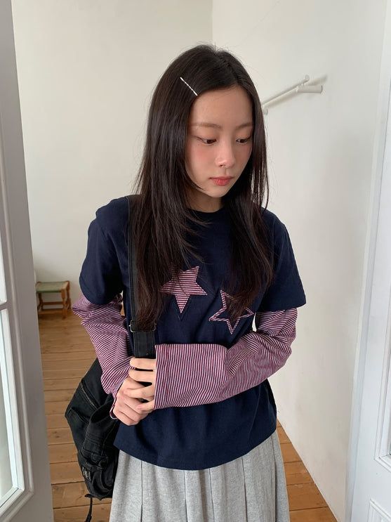 BAON(バオン)の「バッフォンボーダー星レイヤード長袖Tシャツ(トップス)」