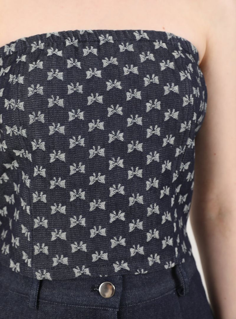 Denim Ribbon Crop Top Dark Blue