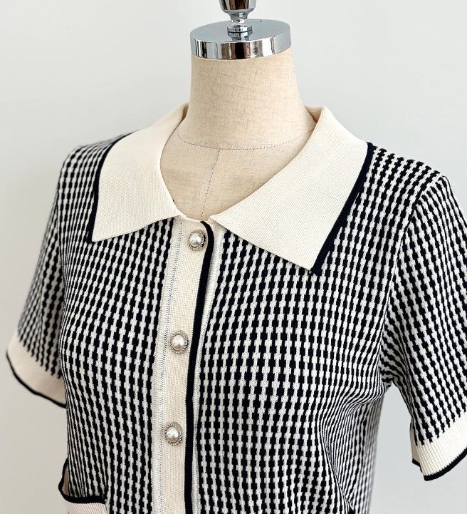 Carson Collar Color Matching Check Knit Cardigan