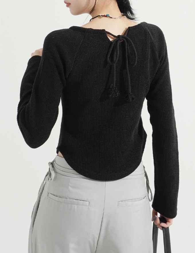3 Hole String Neckline Ribbed Top