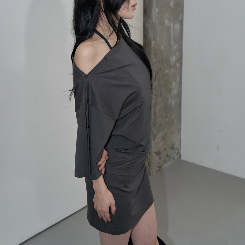 MULTI-WAY SNAP DRAPE DRESS (CHARCOAL)