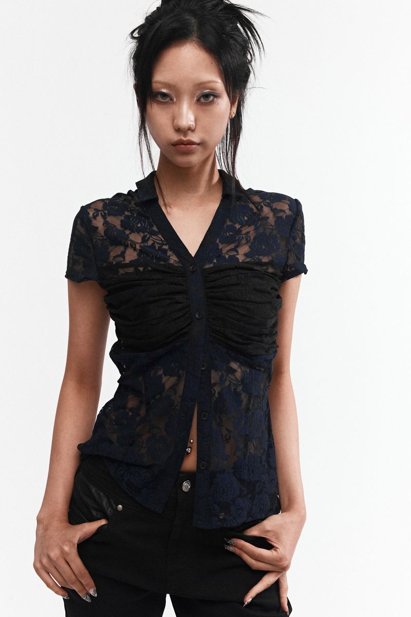 LACE SHIRRING SHIRT #NAVY&BLACK