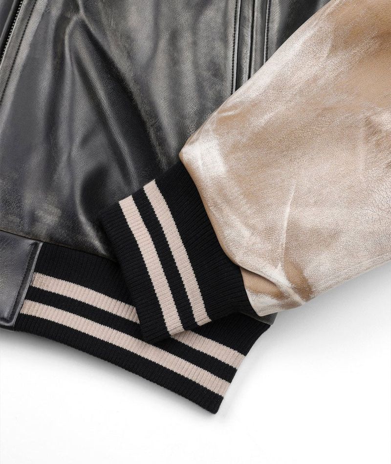 Dirty Washed Leather Varsity Jacket - Black