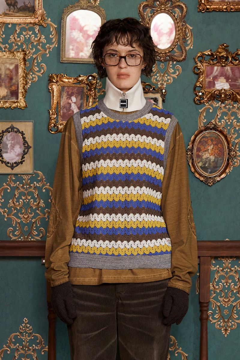 UNALLOYED（アナロイド）の「STRIPE CROCHET KNIT VEST / YELLOW（Tops）」