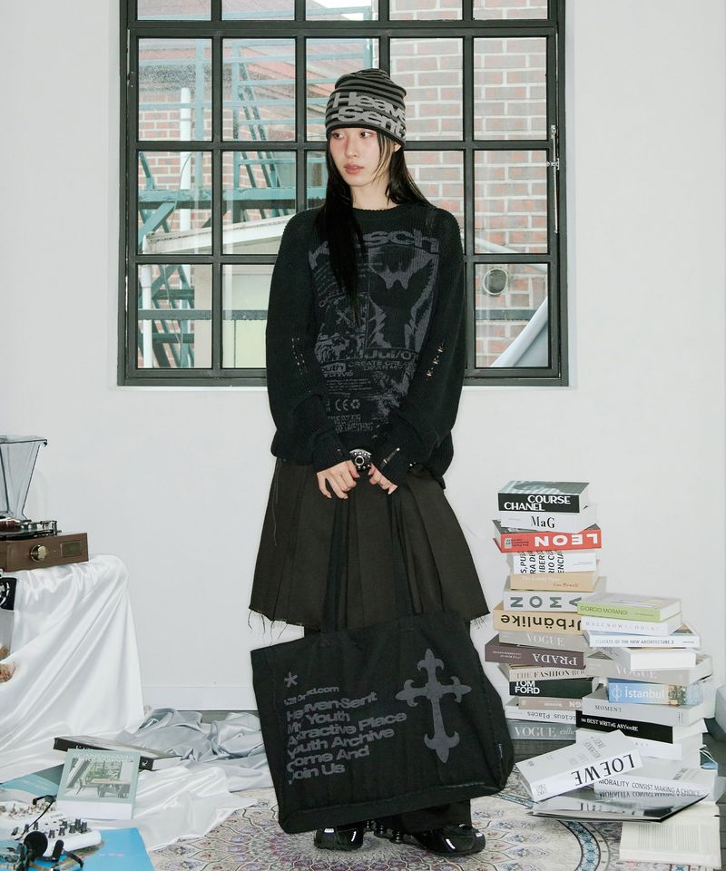 Grunge Angel Graphic Damage Knit - BLACK