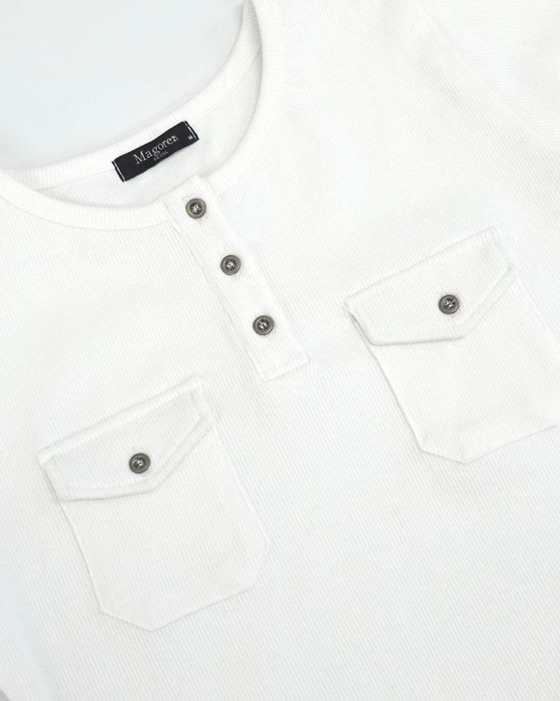 Pocket Henley Neck Ribbed Long Sleeve White