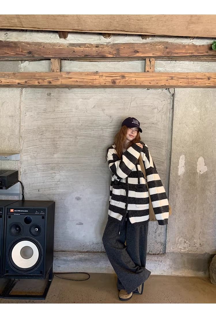 wool knit striped hooded over cardigan