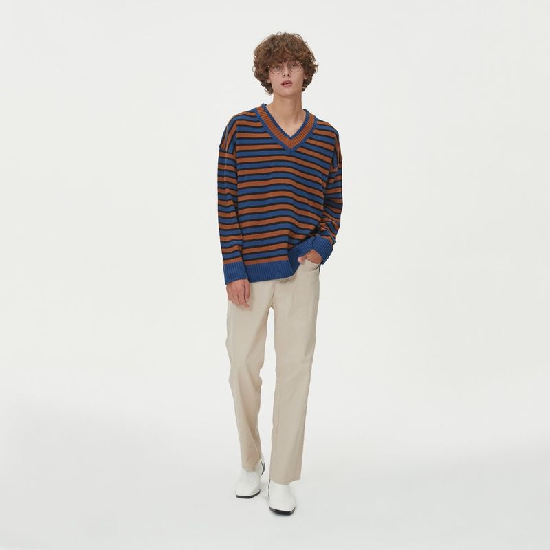 STRIPE V NECK KNIT_BLUE