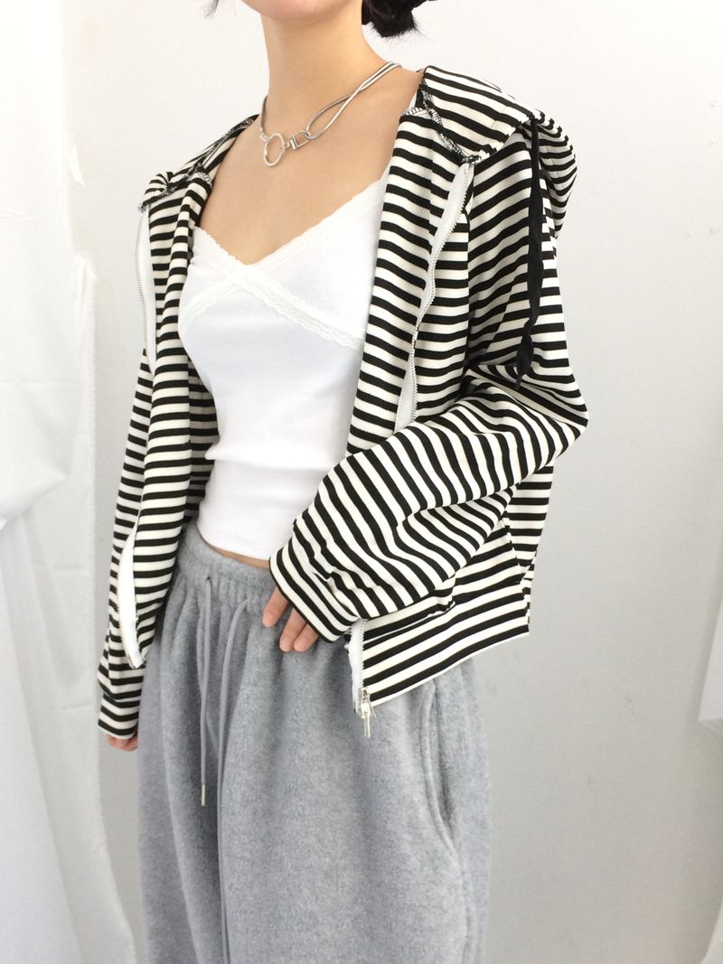 Stripe Semi-Crop Hooded Zip-Up