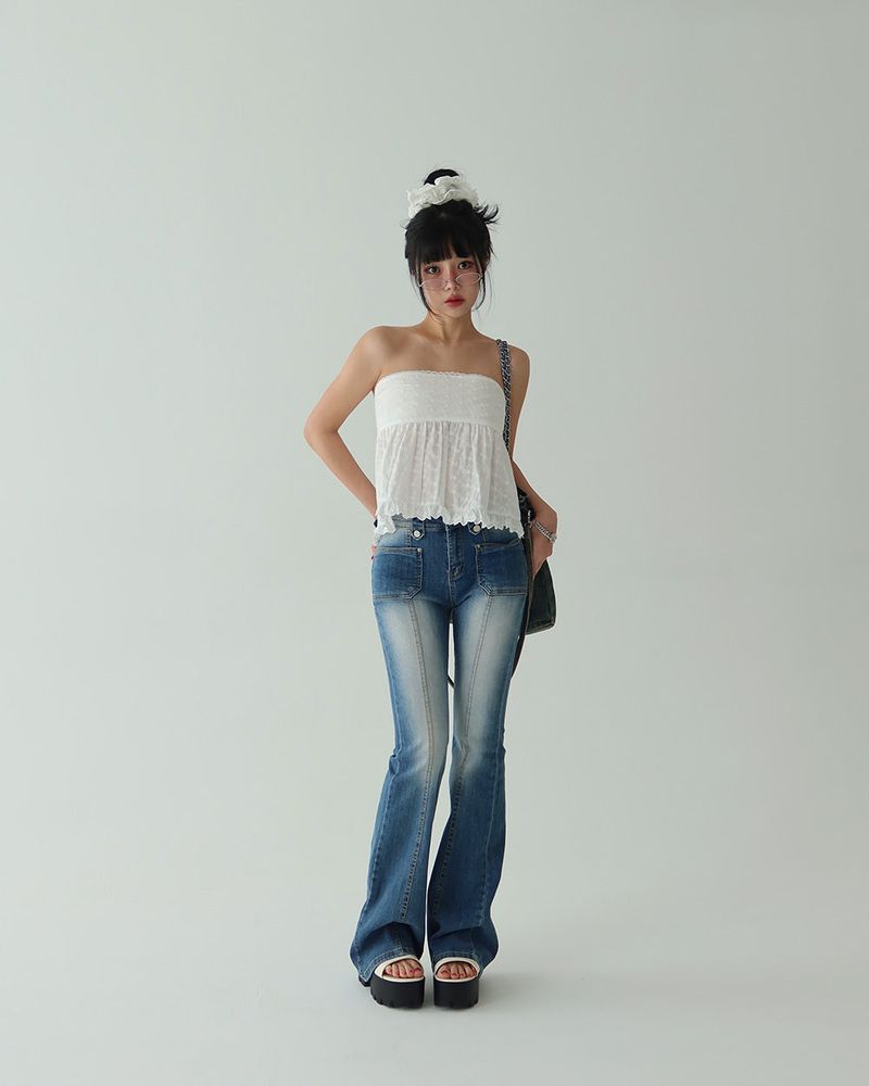 Punching Eyelet Smoke Tube Top Blouse