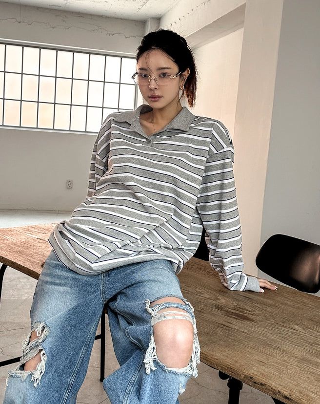 Twoin Stripe Rugby Collar Sweatshirt