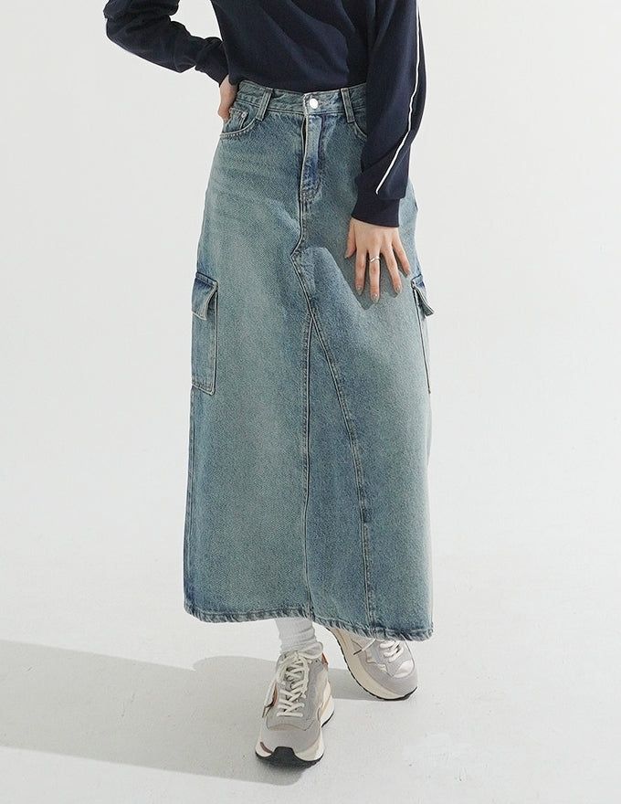 Back Slit Cargo Denim Long Skirt