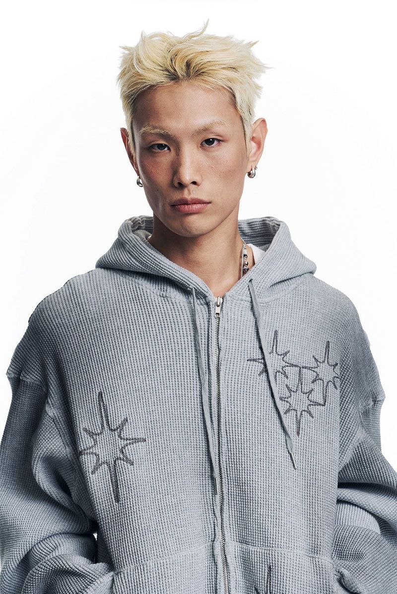 Washed Star Waffle Hooded Zip-Up - Grey