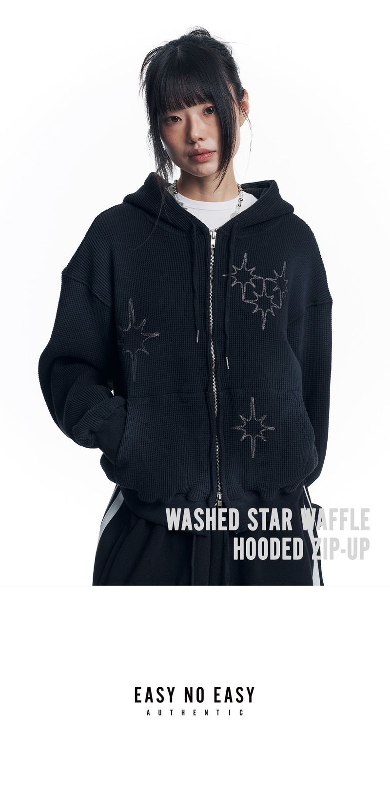 Washed Star Waffle Hooded Zip-Up - Black