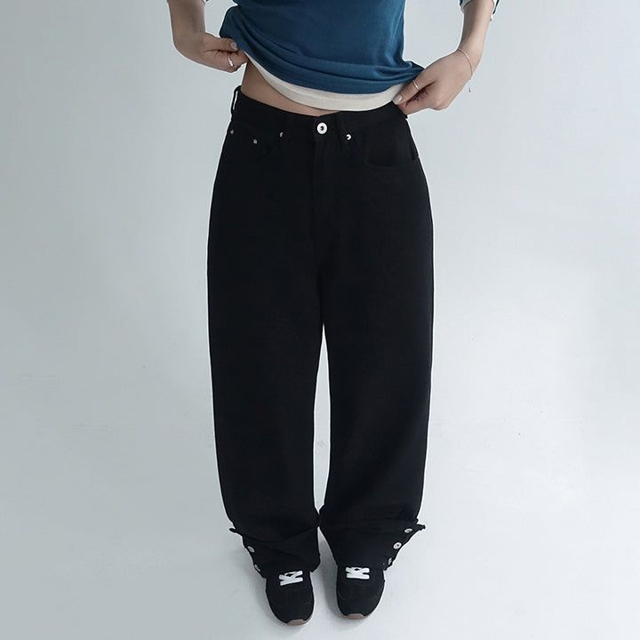 [Pied] Button Roll-Up Semi-Wide Cotton Pants - 2 color