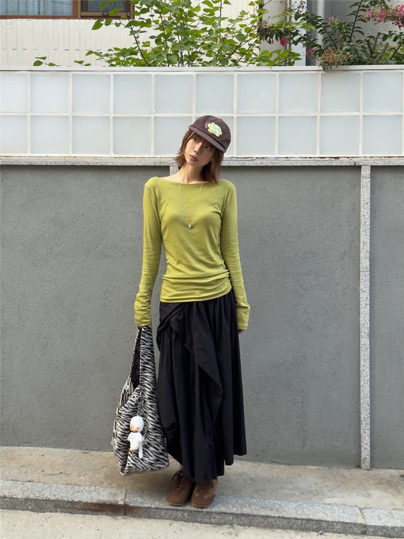 Tencel-Wool Boat Neck Long Sleeve T-Shirts(Olive)