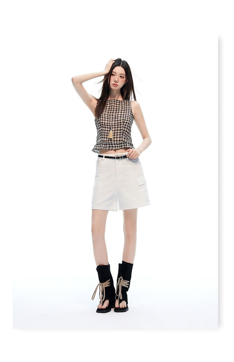 Mid Rise White Cargo Wide Leg Bermuda Shorts