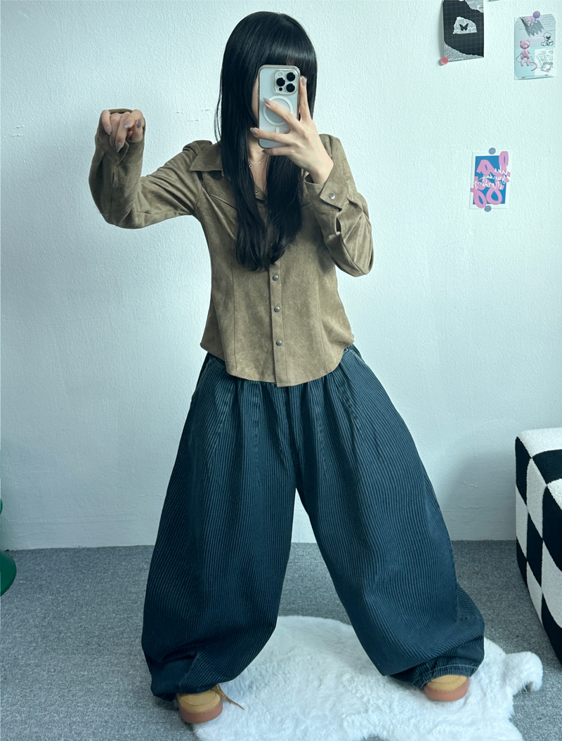 SUEDE SLIM LINE SHIRT BLOUSE🤎🖤🩶 - 3 COLORS
