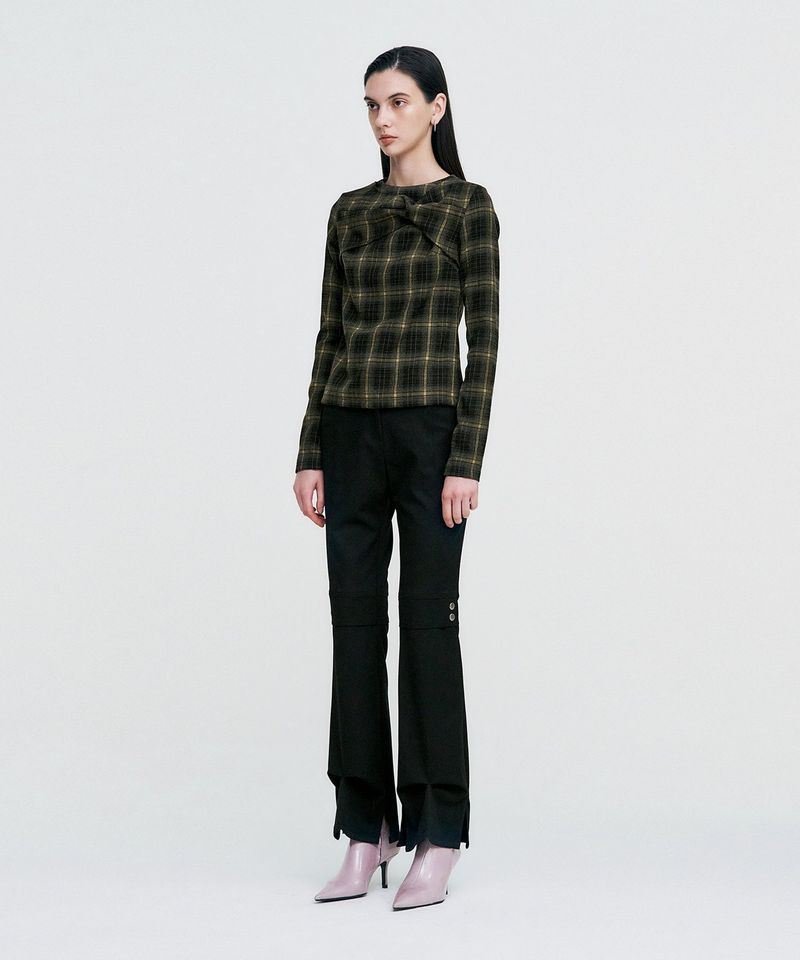 Twisted Check High-neck Top _ KHAKI